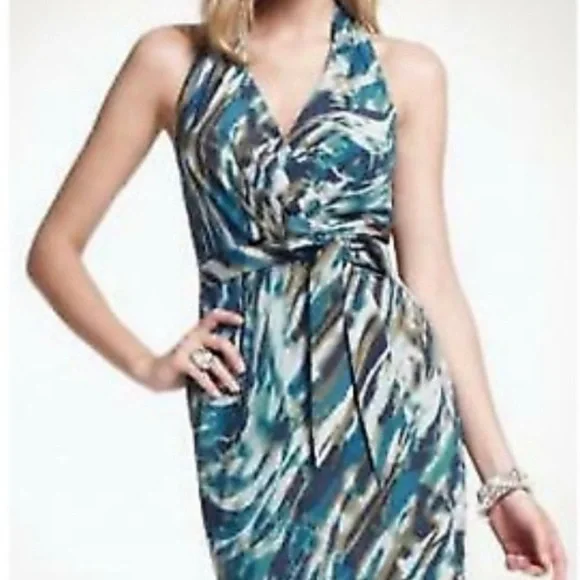 Ann Taylor blue silk watercolor print halter dress